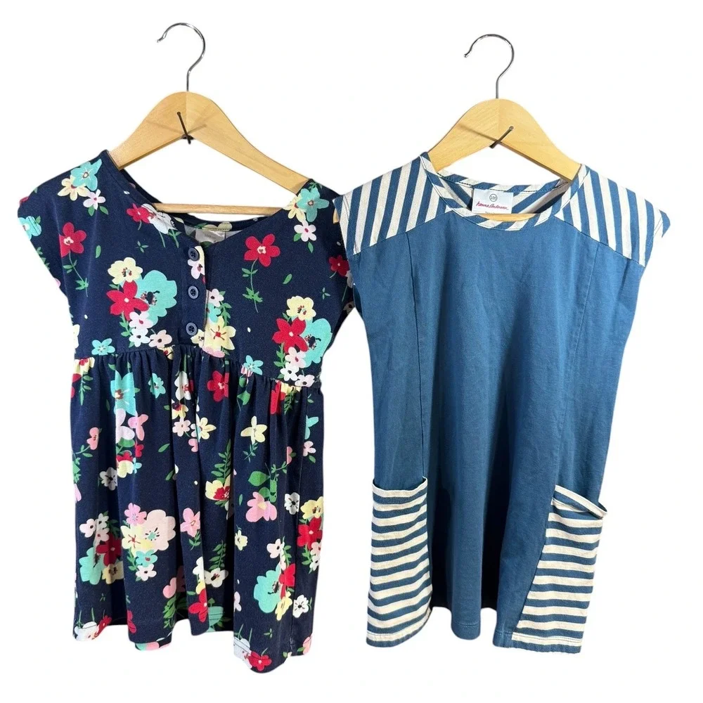 Hanna Andersson Girls 100cm US 4 Floral & Striped Cotton Dress Lot of 2